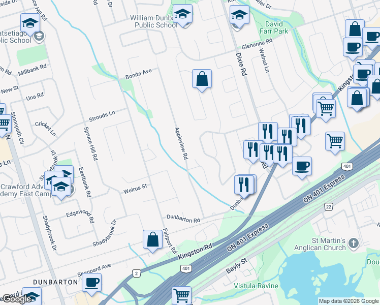 map of restaurants, bars, coffee shops, grocery stores, and more near 1801 Appleview Road in Pickering