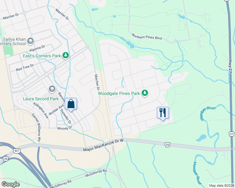 map of restaurants, bars, coffee shops, grocery stores, and more near 32 Torrey Pines Road in Vaughan