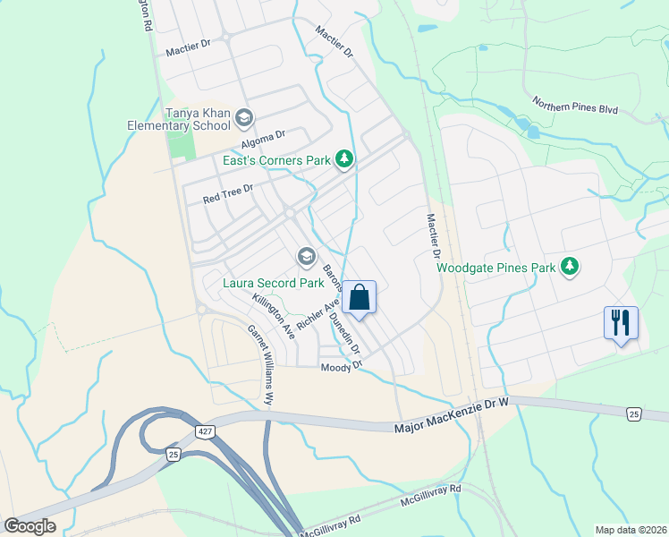 map of restaurants, bars, coffee shops, grocery stores, and more near 209 Barons Street in Vaughan