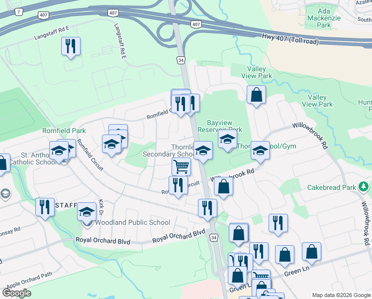 map of restaurants, bars, coffee shops, grocery stores, and more near 5 Fleance Drive in Markham