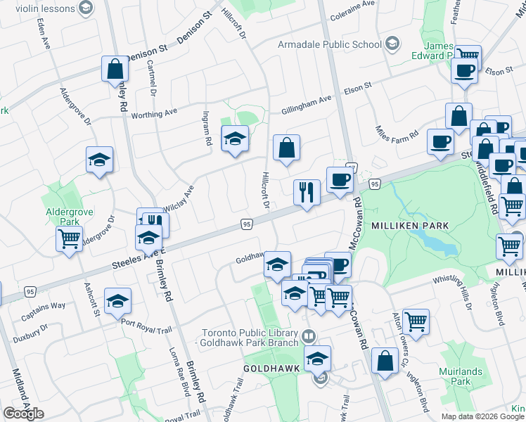 map of restaurants, bars, coffee shops, grocery stores, and more near 2 Hillcroft Drive in Markham