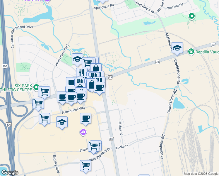 map of restaurants, bars, coffee shops, grocery stores, and more near 498 Caldari Road in Vaughan
