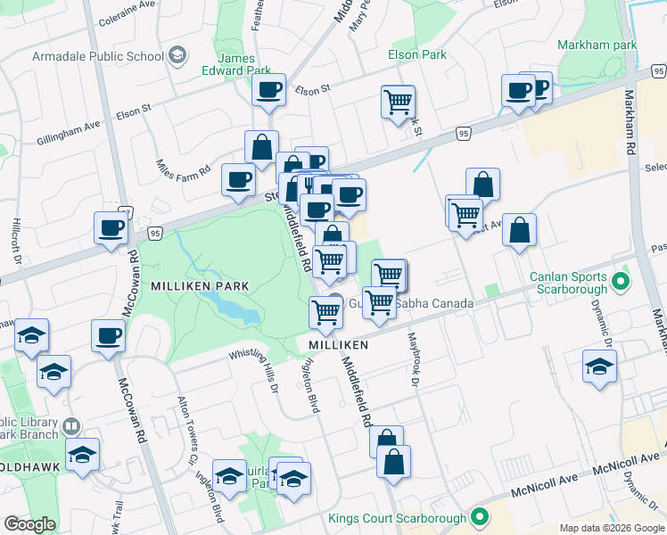 map of restaurants, bars, coffee shops, grocery stores, and more near 2 Select Avenue in Toronto