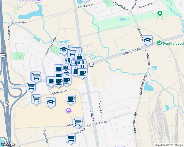 map of restaurants, bars, coffee shops, grocery stores, and more near 498 Caldari Road in Vaughan
