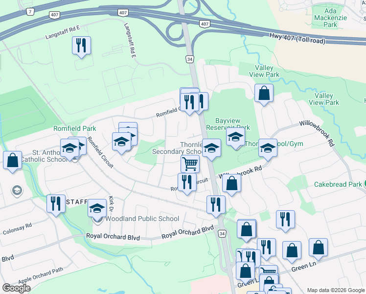map of restaurants, bars, coffee shops, grocery stores, and more near Dunsinane Drive in Markham