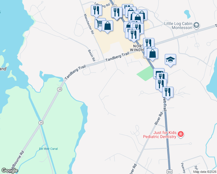 map of restaurants, bars, coffee shops, grocery stores, and more near 50 Northwood Drive in Windham