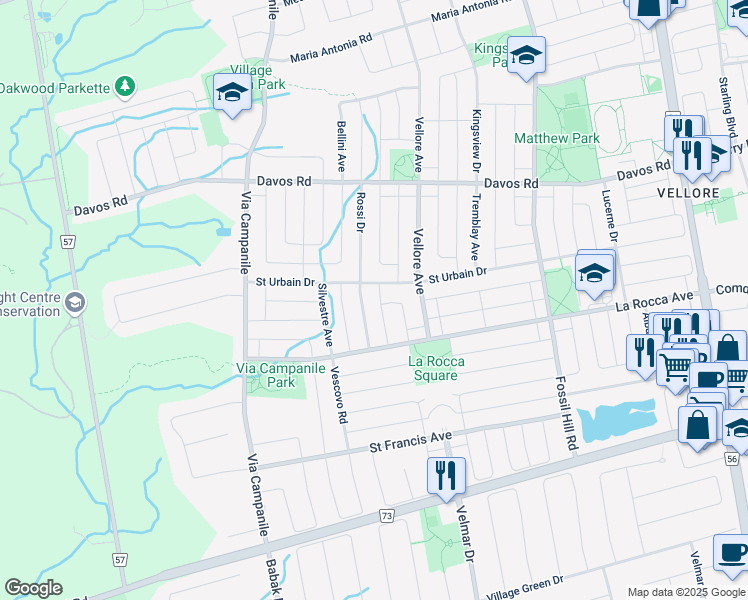 map of restaurants, bars, coffee shops, grocery stores, and more near 70 Rossi Drive in Vaughan