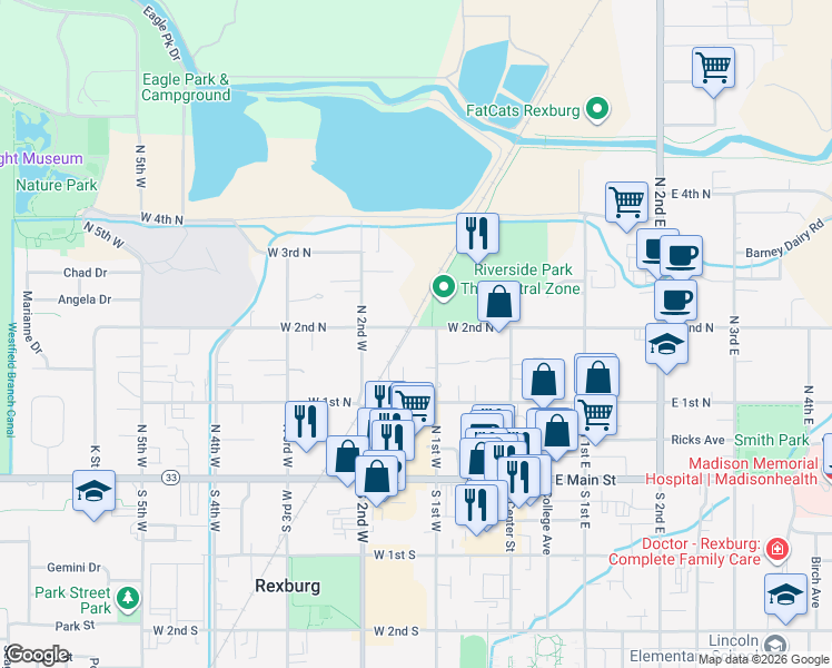 map of restaurants, bars, coffee shops, grocery stores, and more near 119 West 2nd North in Rexburg