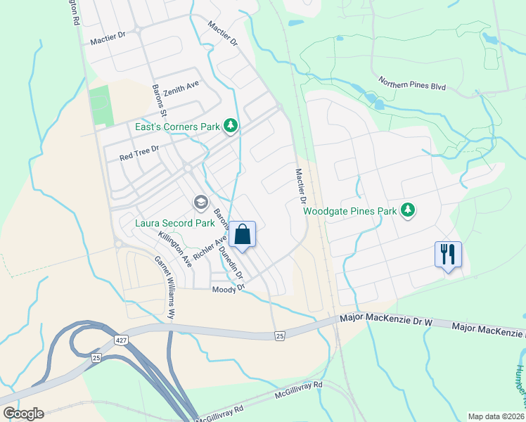 map of restaurants, bars, coffee shops, grocery stores, and more near 41 Card Lumber Crescent in Vaughan