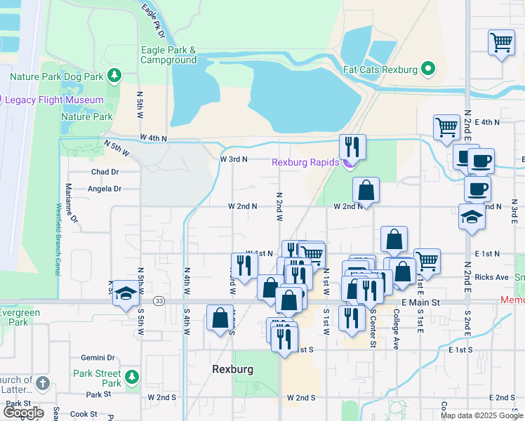 map of restaurants, bars, coffee shops, grocery stores, and more near 141 North 2nd West in Rexburg