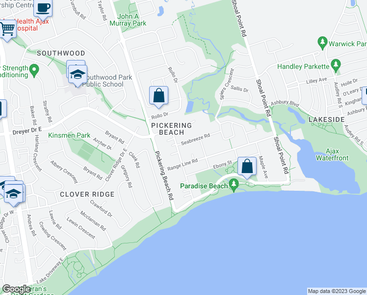 map of restaurants, bars, coffee shops, grocery stores, and more near 2939 Seabreeze Road in Ajax