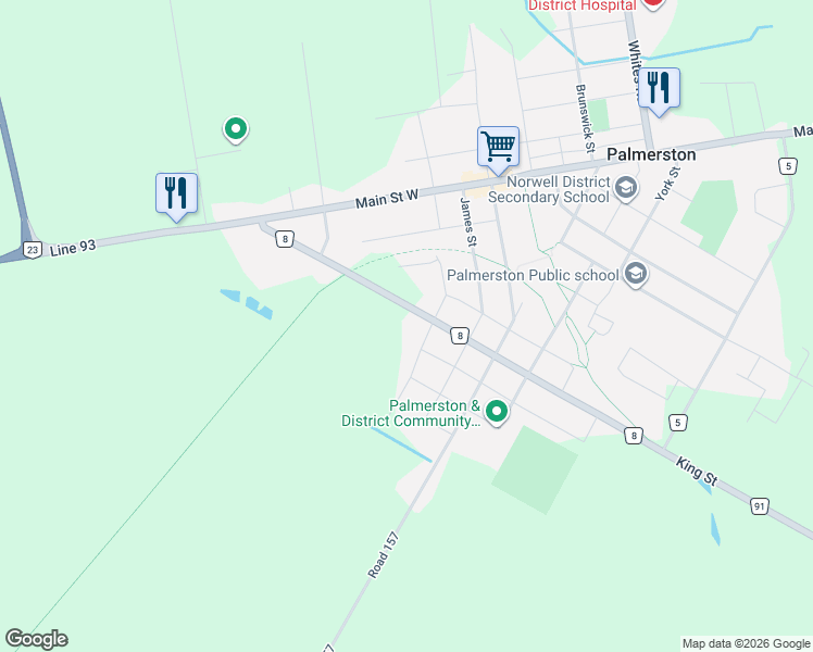 map of restaurants, bars, coffee shops, grocery stores, and more near 350 King Street in Palmerston