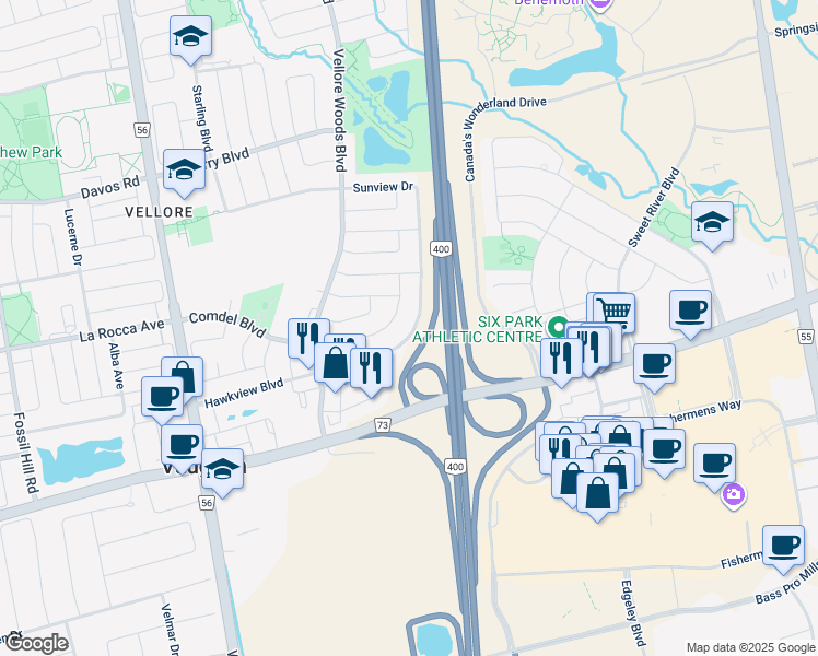 map of restaurants, bars, coffee shops, grocery stores, and more near 256 Hawkview Boulevard in Vaughan
