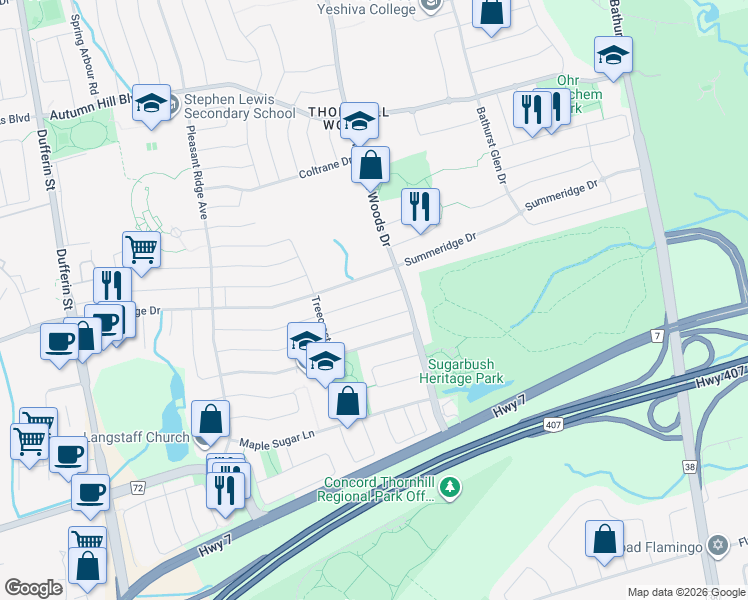 map of restaurants, bars, coffee shops, grocery stores, and more near 33 Seabreeze Avenue in Vaughan