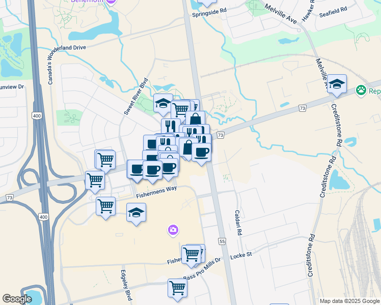 map of restaurants, bars, coffee shops, grocery stores, and more near 3130 Rutherford Road in Vaughan