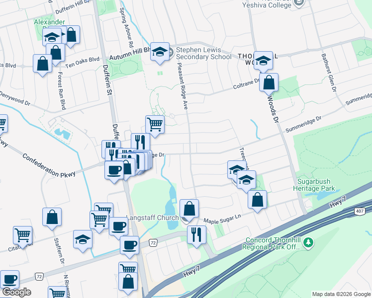 map of restaurants, bars, coffee shops, grocery stores, and more near 196 Pleasant Ridge Avenue in Vaughan
