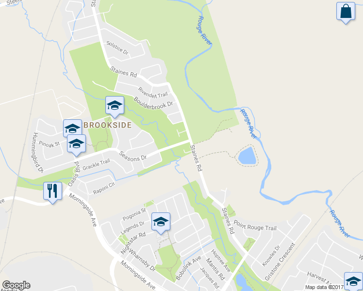 map of restaurants, bars, coffee shops, grocery stores, and more near 163 Seasons Drive in Toronto