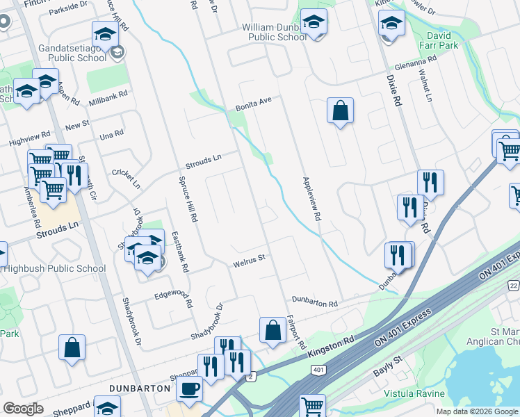 map of restaurants, bars, coffee shops, grocery stores, and more near 1812 Fairport Road in Pickering