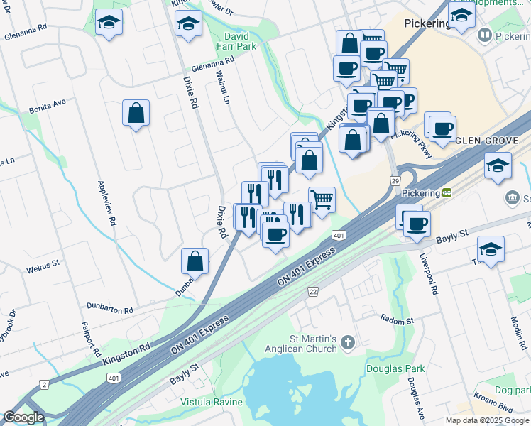 map of restaurants, bars, coffee shops, grocery stores, and more near 1105 Kingston Road in Pickering