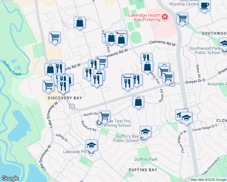 map of restaurants, bars, coffee shops, grocery stores, and more near 785 Westney Road South in Ajax