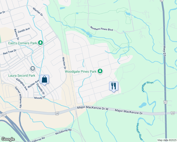 map of restaurants, bars, coffee shops, grocery stores, and more near 153 Timber Creek Boulevard in Vaughan