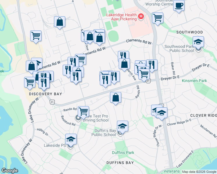 map of restaurants, bars, coffee shops, grocery stores, and more near 835 Westney Road South in Ajax