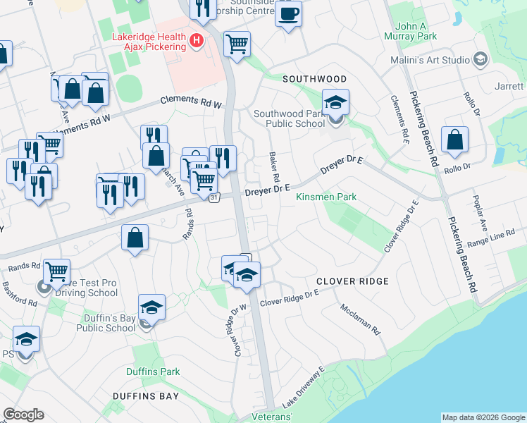 map of restaurants, bars, coffee shops, grocery stores, and more near in Ajax