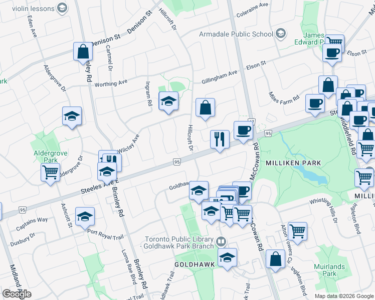 map of restaurants, bars, coffee shops, grocery stores, and more near 4 Hillcroft Drive in Markham