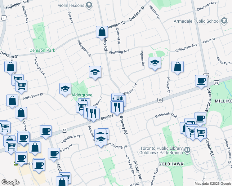 map of restaurants, bars, coffee shops, grocery stores, and more near 5 Chichester Road in Markham
