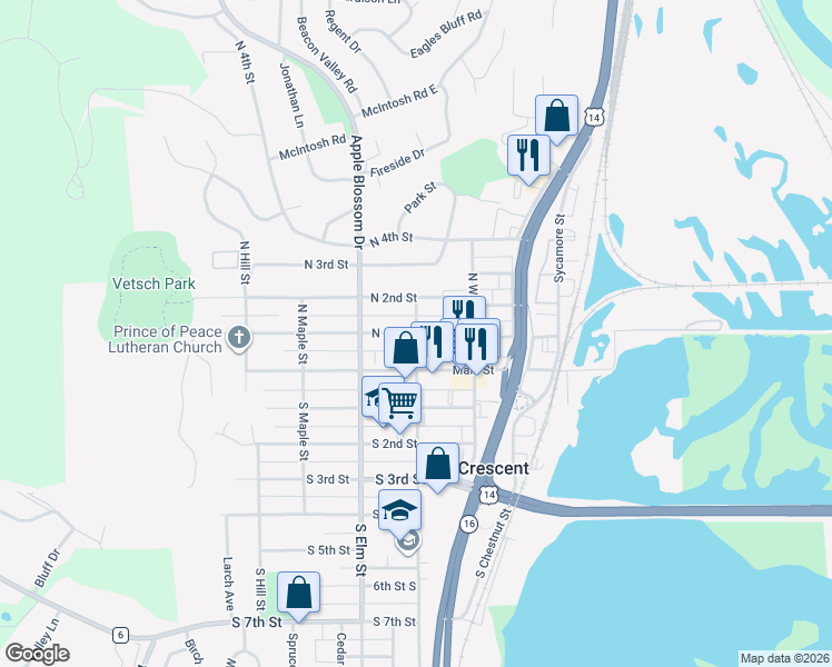 map of restaurants, bars, coffee shops, grocery stores, and more near 401 North 1st Street in La Crescent