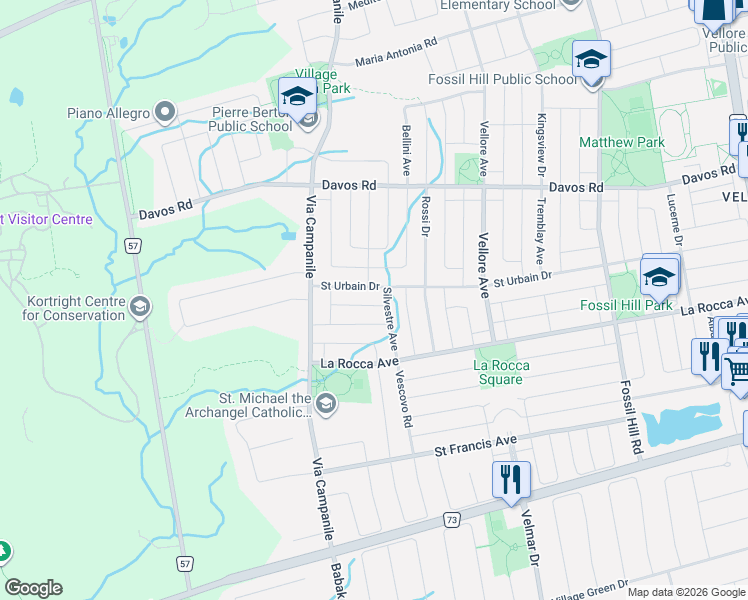 map of restaurants, bars, coffee shops, grocery stores, and more near 12 Bosco Drive in Vaughan