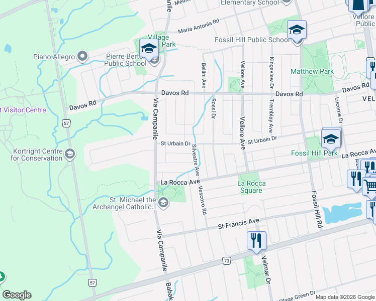 map of restaurants, bars, coffee shops, grocery stores, and more near 12 Bosco Drive in Vaughan