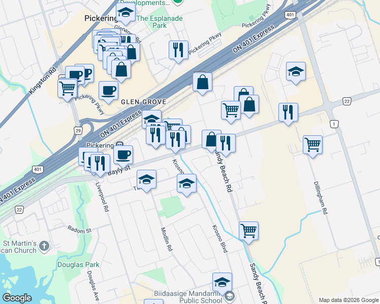 map of restaurants, bars, coffee shops, grocery stores, and more near 1455 Celebration Drive in Pickering