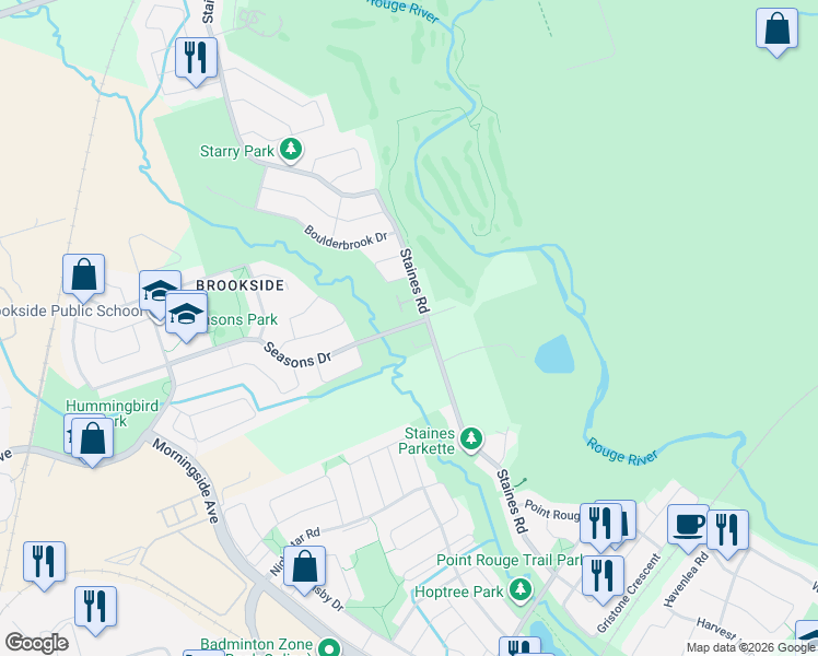 map of restaurants, bars, coffee shops, grocery stores, and more near 163 Seasons Drive in Toronto