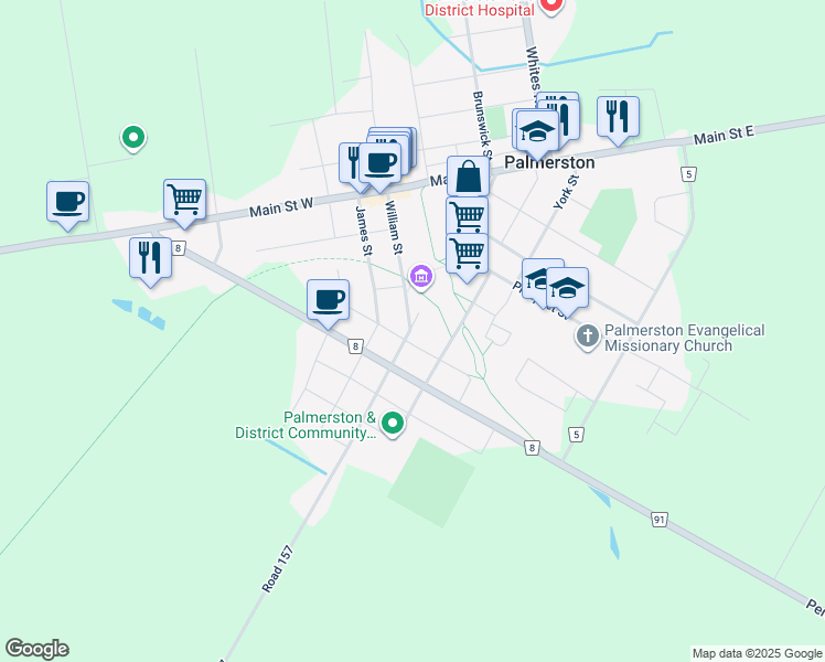 map of restaurants, bars, coffee shops, grocery stores, and more near 230 Queen Street South in Palmerston