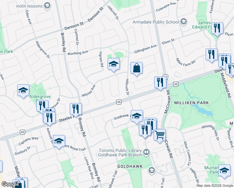 map of restaurants, bars, coffee shops, grocery stores, and more near in Markham