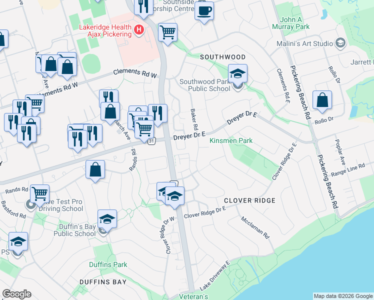 map of restaurants, bars, coffee shops, grocery stores, and more near 44 Parker Crescent in Ajax
