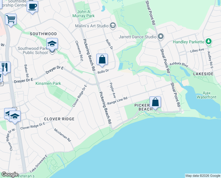 map of restaurants, bars, coffee shops, grocery stores, and more near 526 Poplar Avenue in Ajax