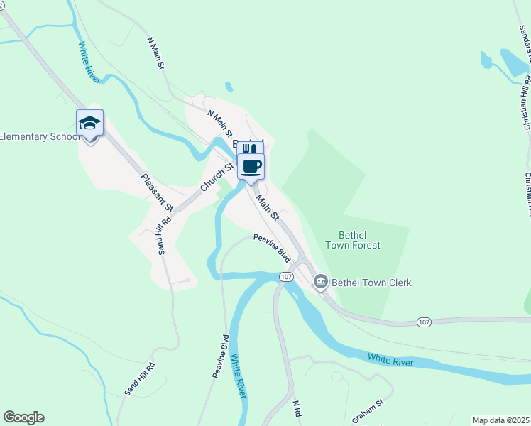 map of restaurants, bars, coffee shops, grocery stores, and more near 167 South Main Street in Bethel