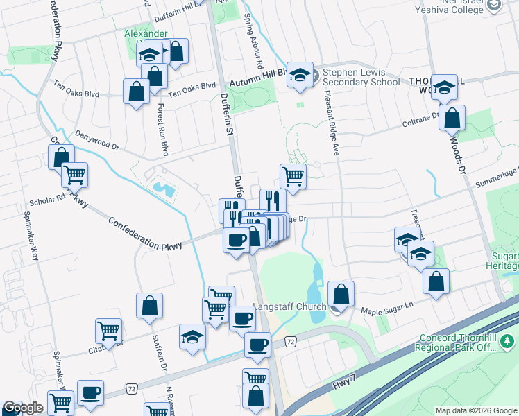 map of restaurants, bars, coffee shops, grocery stores, and more near 700 Summeridge Drive in Vaughan