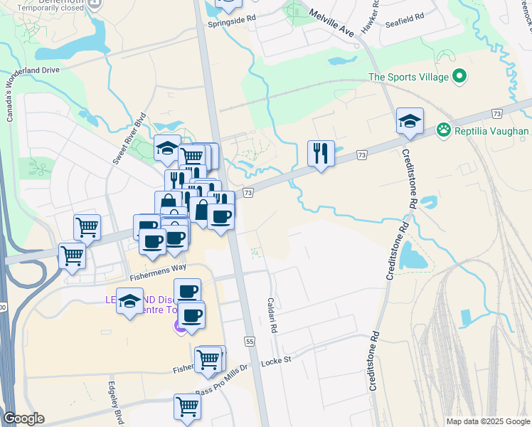map of restaurants, bars, coffee shops, grocery stores, and more near Rutherford Road in Vaughan