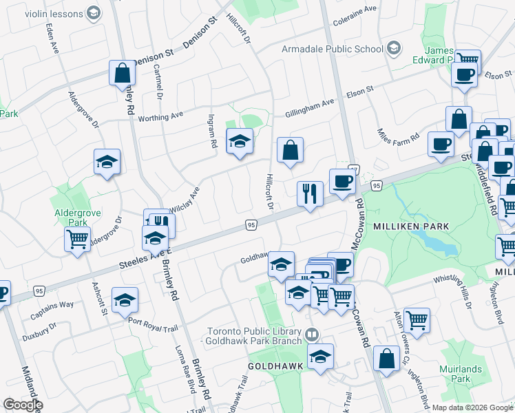 map of restaurants, bars, coffee shops, grocery stores, and more near 79 Beckwith Crescent in Markham
