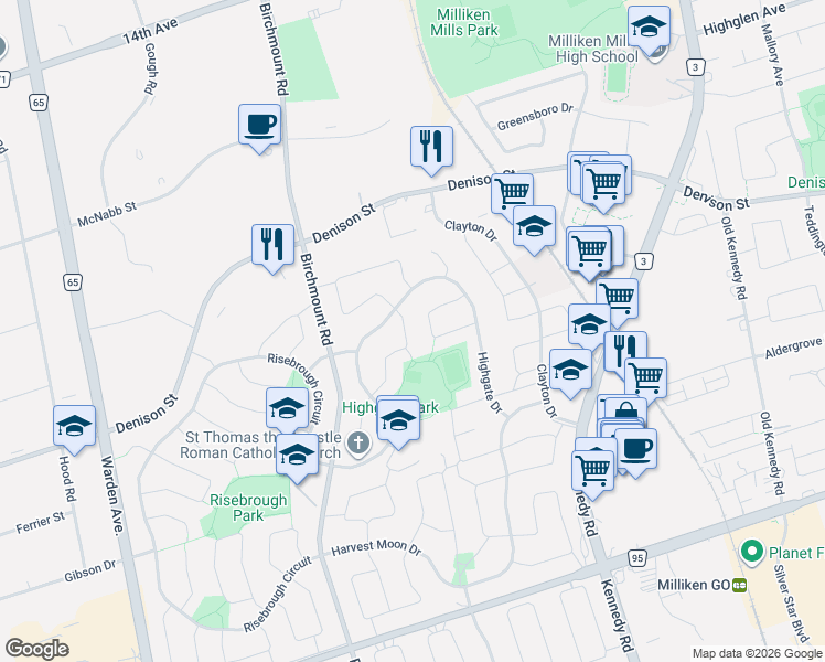 map of restaurants, bars, coffee shops, grocery stores, and more near 25 Croxley Green in Markham