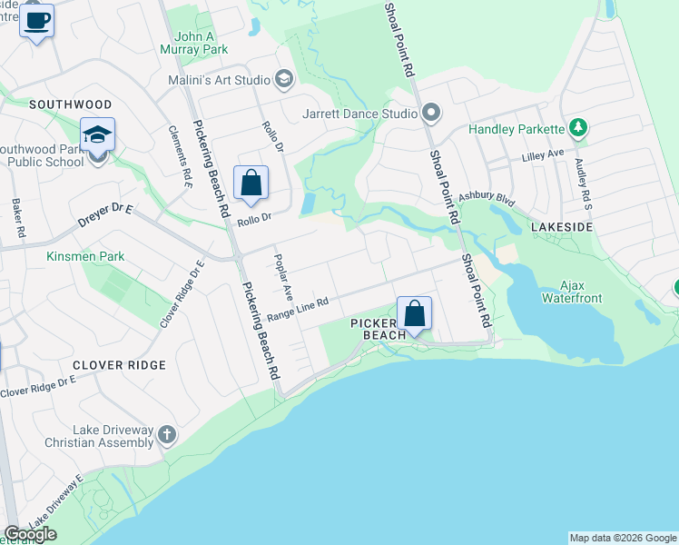 map of restaurants, bars, coffee shops, grocery stores, and more near 515 Ruthel Road in Ajax