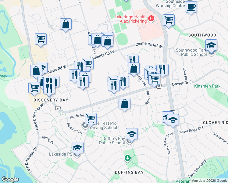 map of restaurants, bars, coffee shops, grocery stores, and more near 31 Barr Road in Ajax