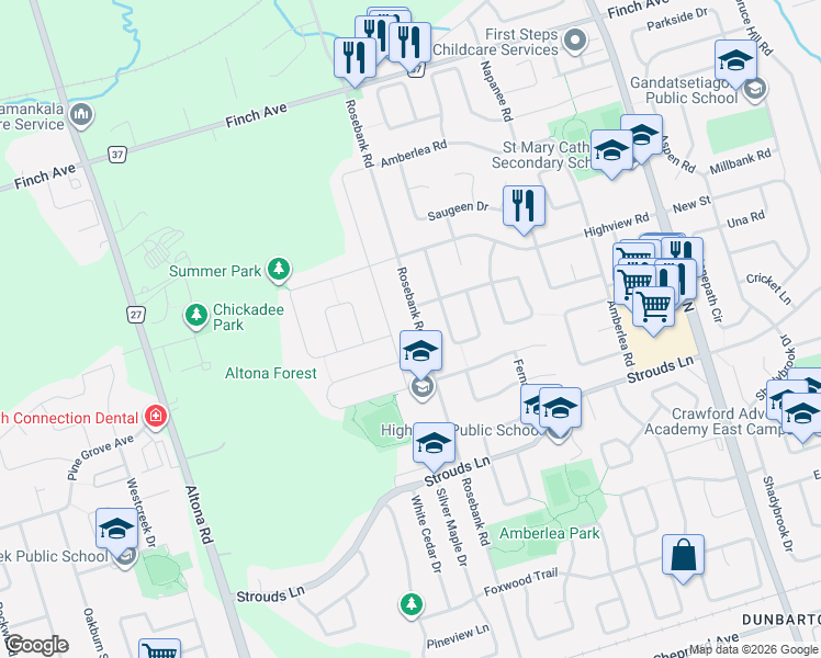 map of restaurants, bars, coffee shops, grocery stores, and more near 1856 Rosebank Road in Pickering