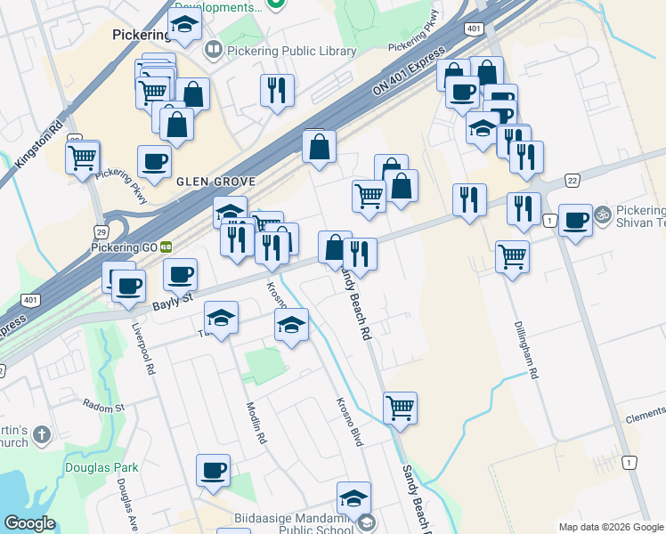 map of restaurants, bars, coffee shops, grocery stores, and more near 1477 Bayly Street in Pickering