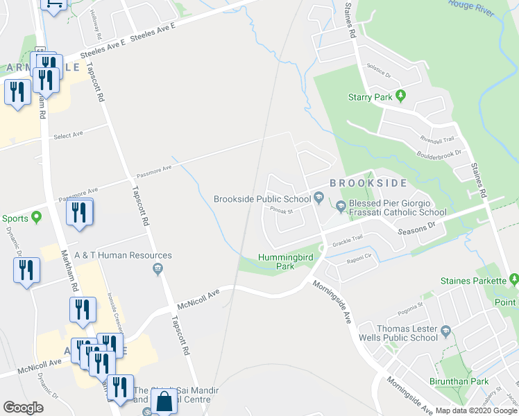 map of restaurants, bars, coffee shops, grocery stores, and more near 112 Hummingbird Drive in Toronto