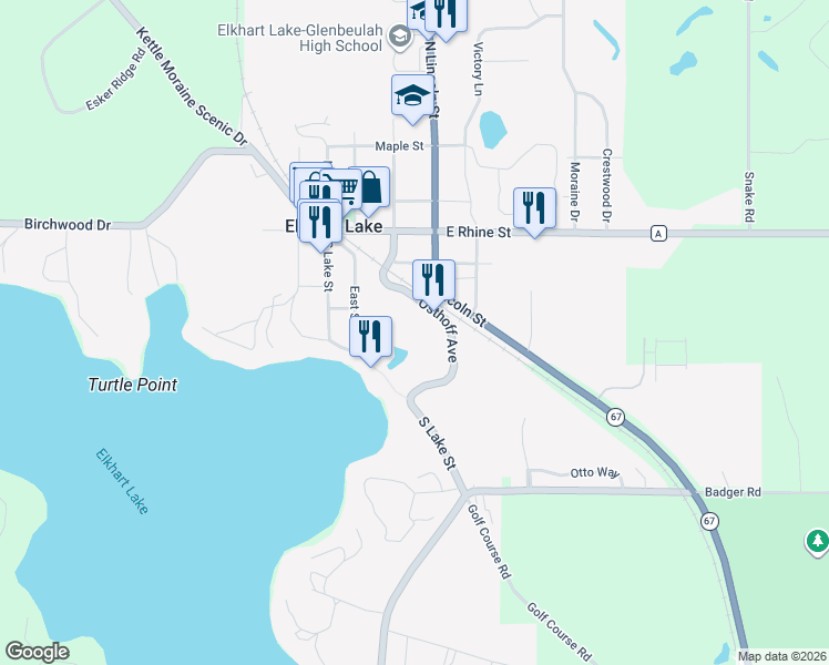 map of restaurants, bars, coffee shops, grocery stores, and more near 422 East Rhine Street in Elkhart Lake