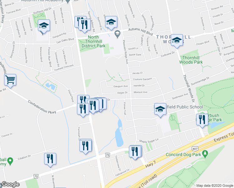 map of restaurants, bars, coffee shops, grocery stores, and more near 47 Degas Drive in Vaughan